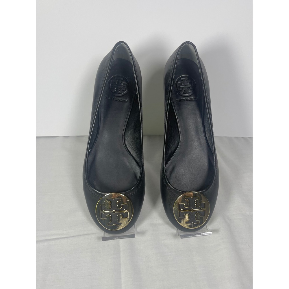 Tory Burch Reva Ballet Flats Black Leather Gold Logo Medallion Size 7M